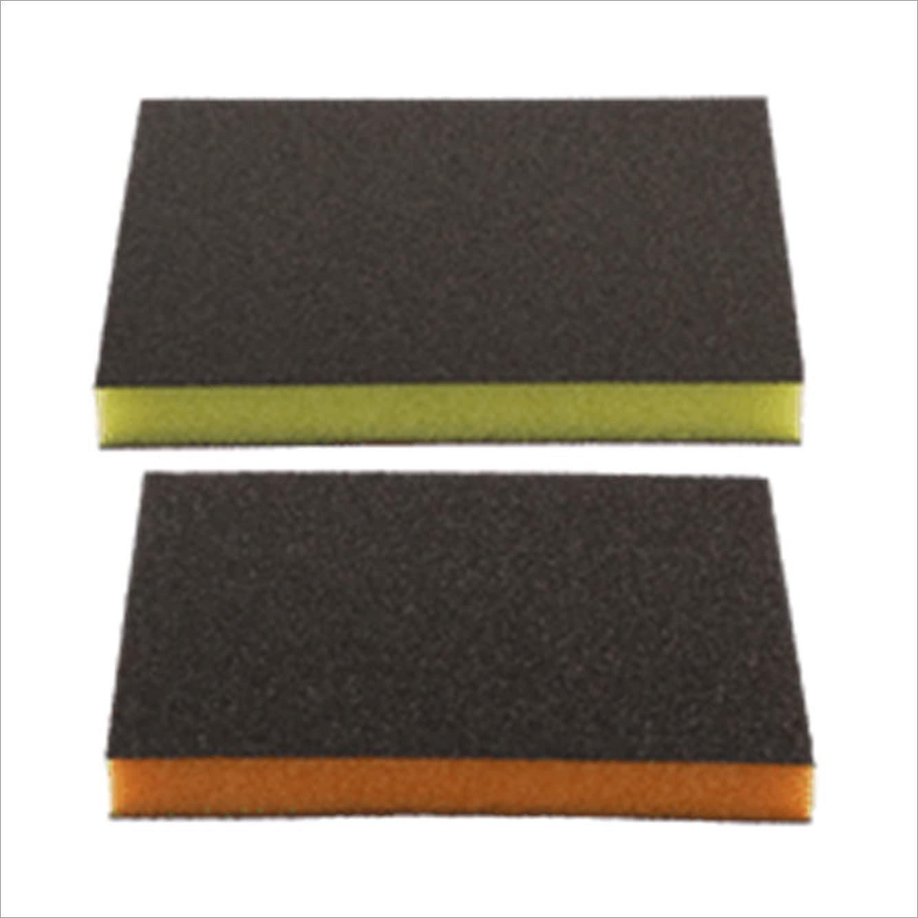 Two rectangular sanding sponges with dark gray abrasive surfaces and yellow and orange foam backing layers.