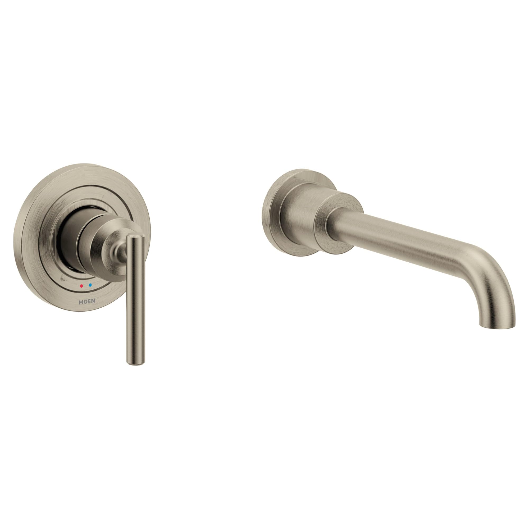 Chrome wall-mounted tub faucet with single handle control on left and curved spout on right.