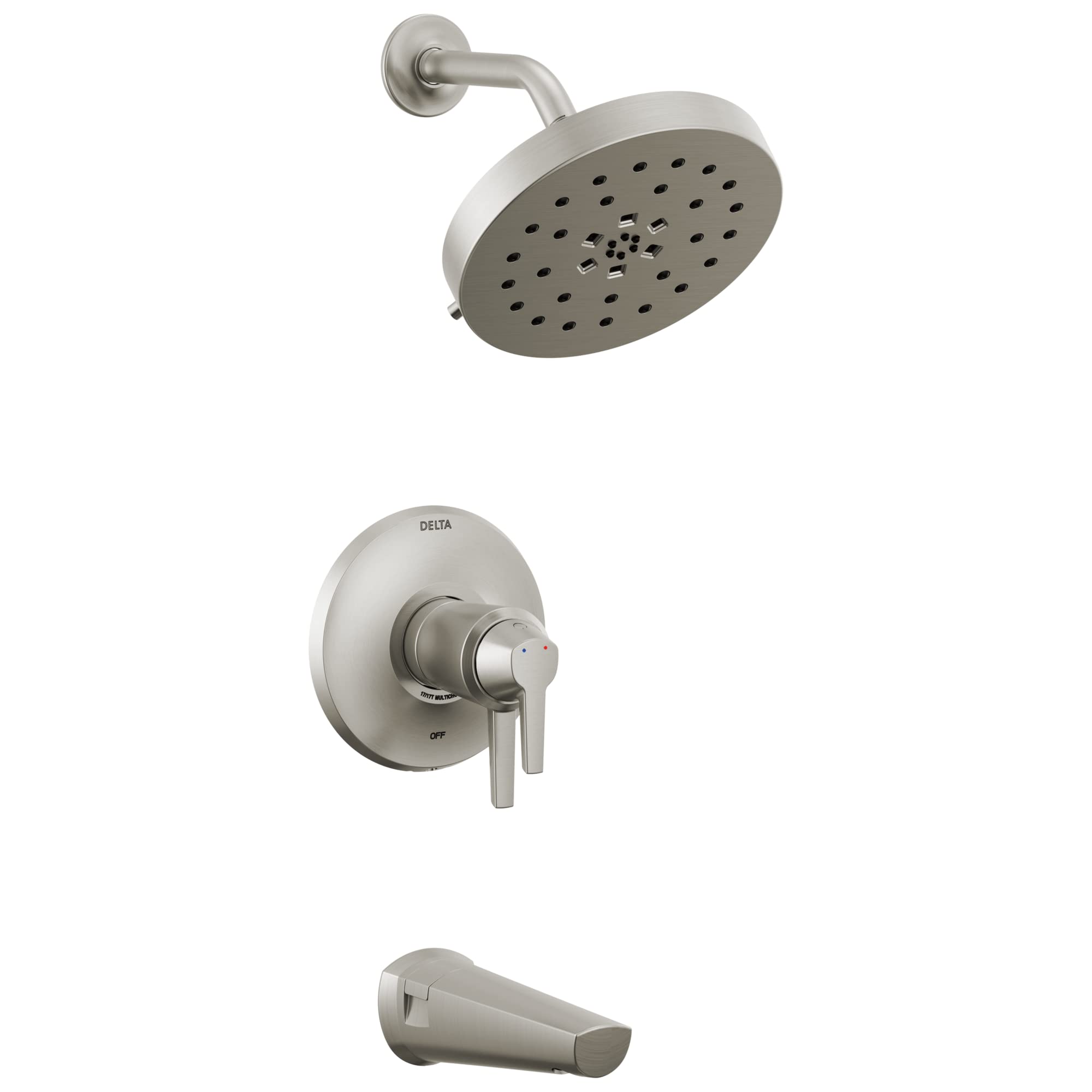 Brushed nickel tub shower trim with round showerhead, valve control, and tub spout.