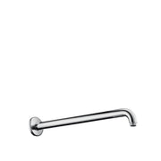 Chrome shower arm with wall-mounted circular flange and horizontal tube extending to the right.