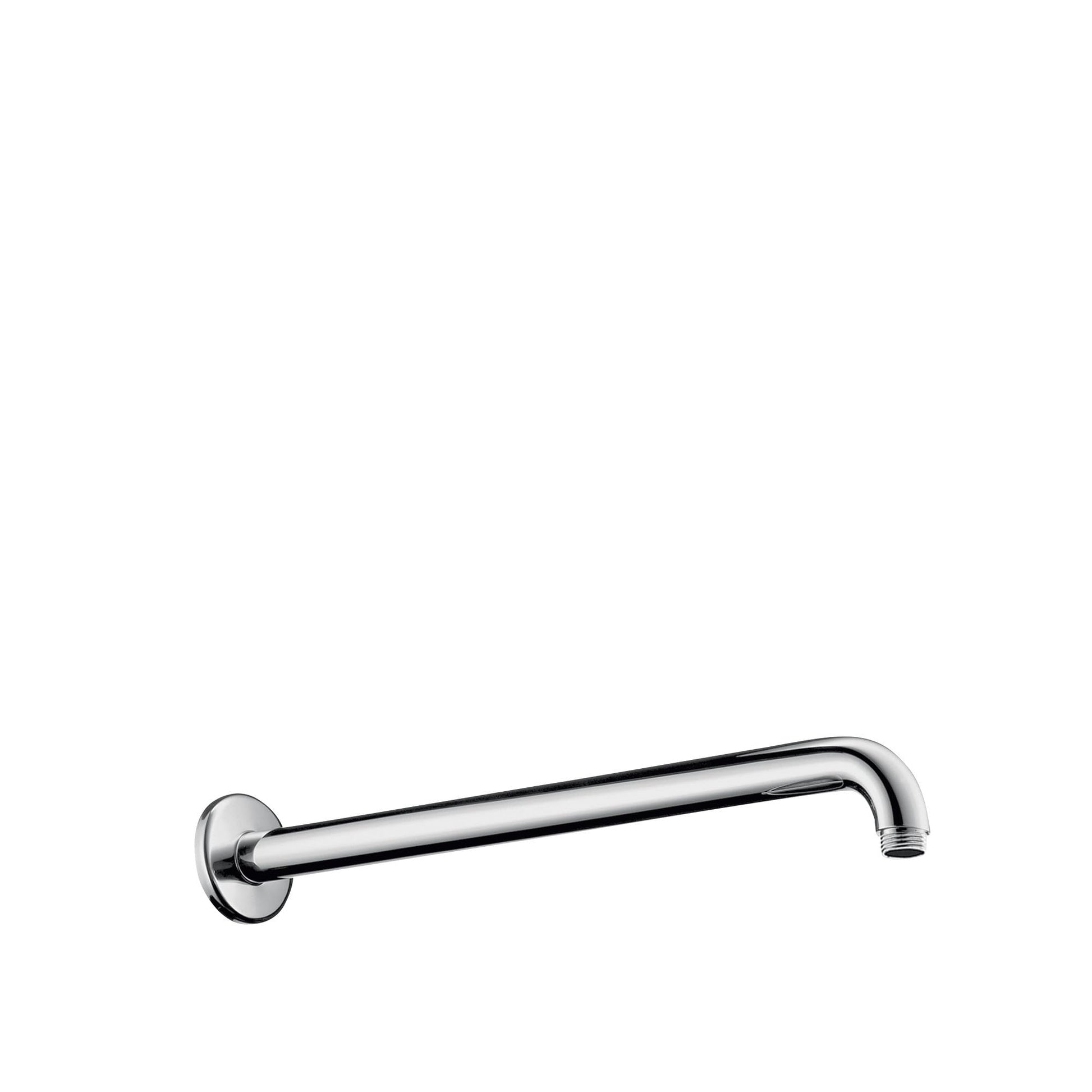 Chrome shower arm with wall-mounted circular flange and horizontal tube extending to the right.