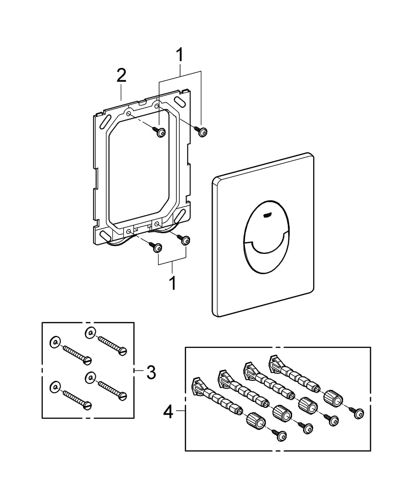 Chrome wall plate for Grohe Skate toilet flush system with mounting bracket, screws, and anchors shown in exploded diagram vi