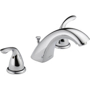 Chrome two-handle widespread bathroom faucet with curved spout and matching side handles.