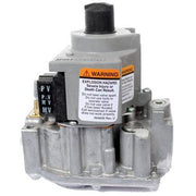 Honeywell dual intermittent pilot gas valve with black coil, warning label, and metal solenoid connections.