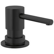 Matte black metal soap dispenser with cylindrical pump body and horizontal lever spout on round base.