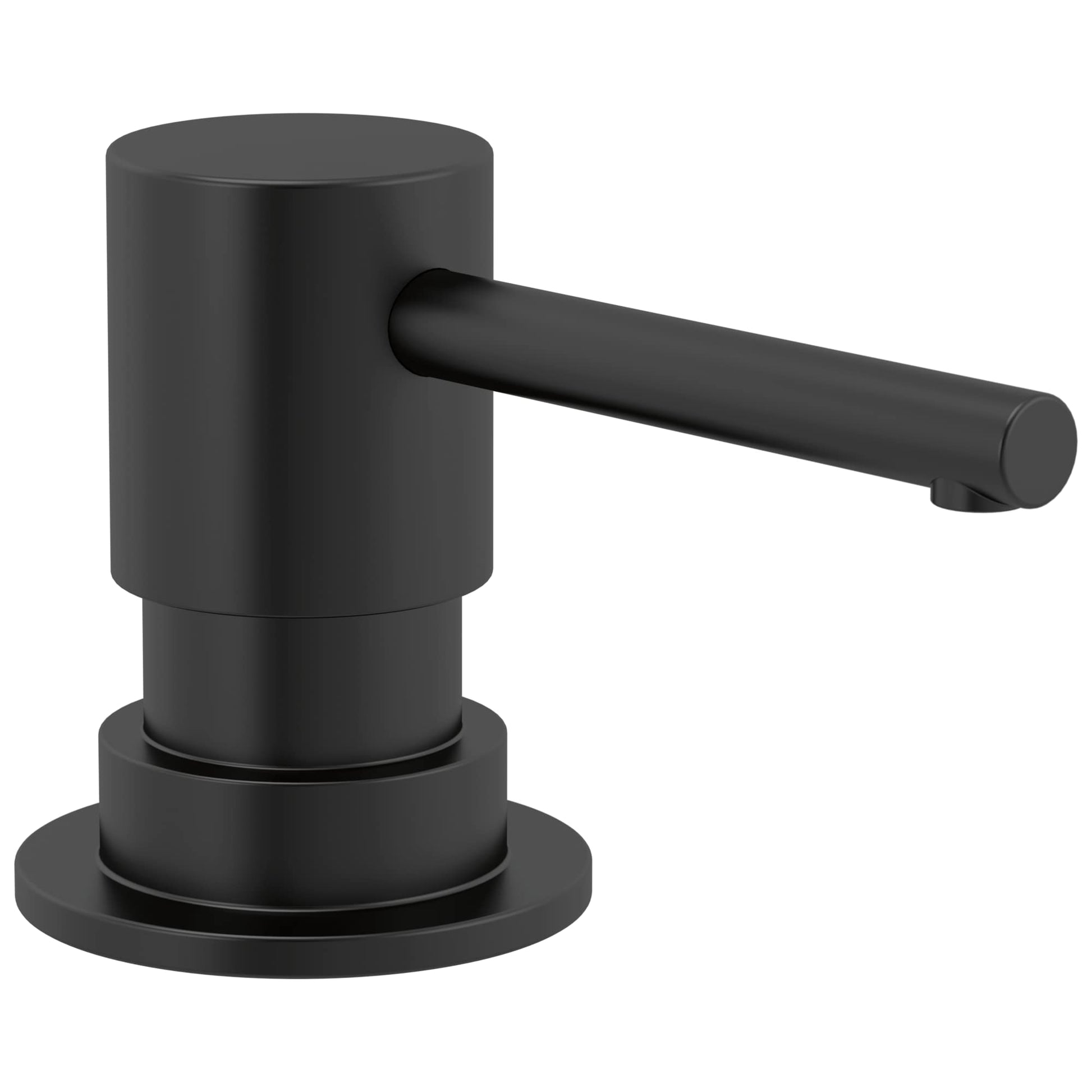 Matte black metal soap dispenser with cylindrical pump body and horizontal lever spout on round base.