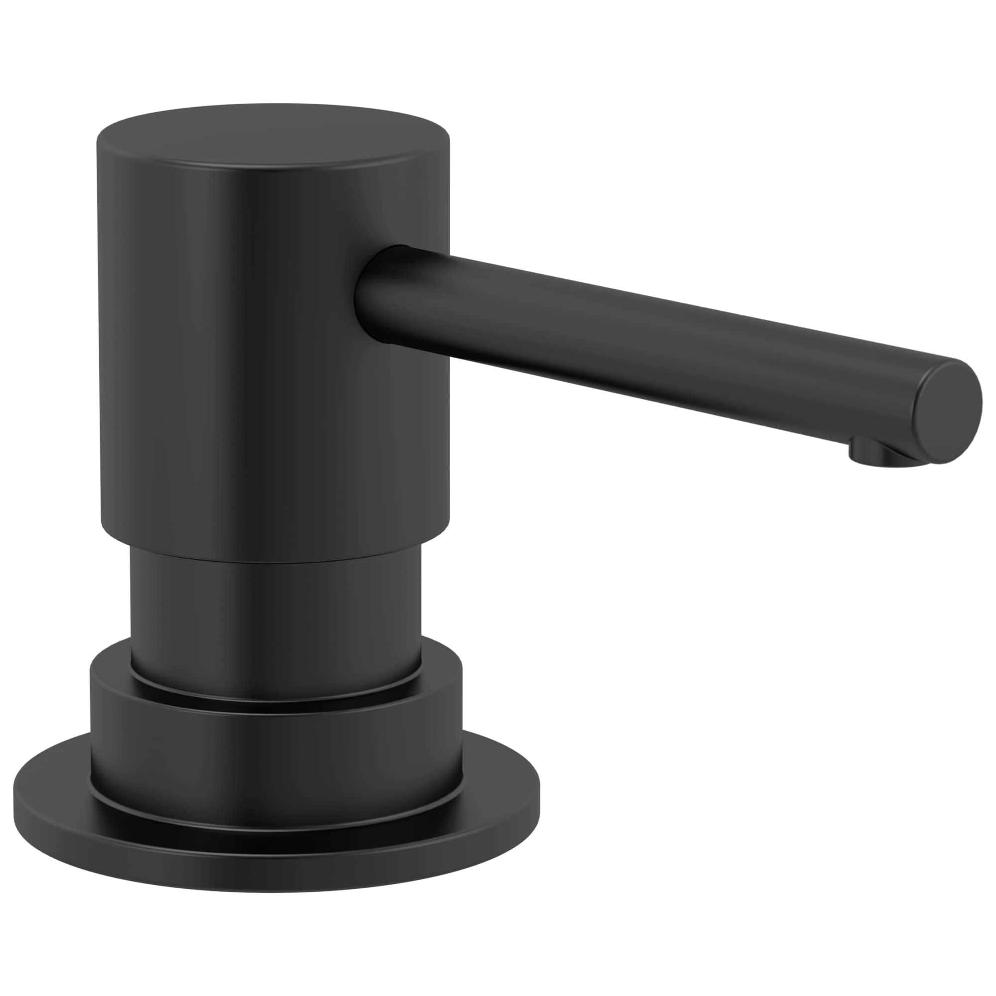 Matte black metal soap dispenser with cylindrical pump body and horizontal lever spout on round base.