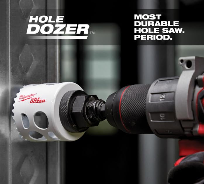 Milwaukee HOLE DOZER bi-metal hole saw attached to power drill, drilling into metal surface.