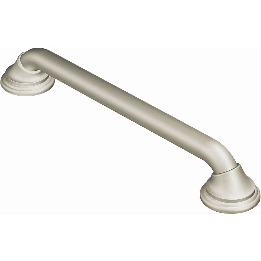 Brushed nickel curved grab bar with flanged mounting ends and textured grip surface.