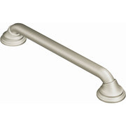 Brushed nickel curved grab bar with flanged mounting ends and textured grip surface.