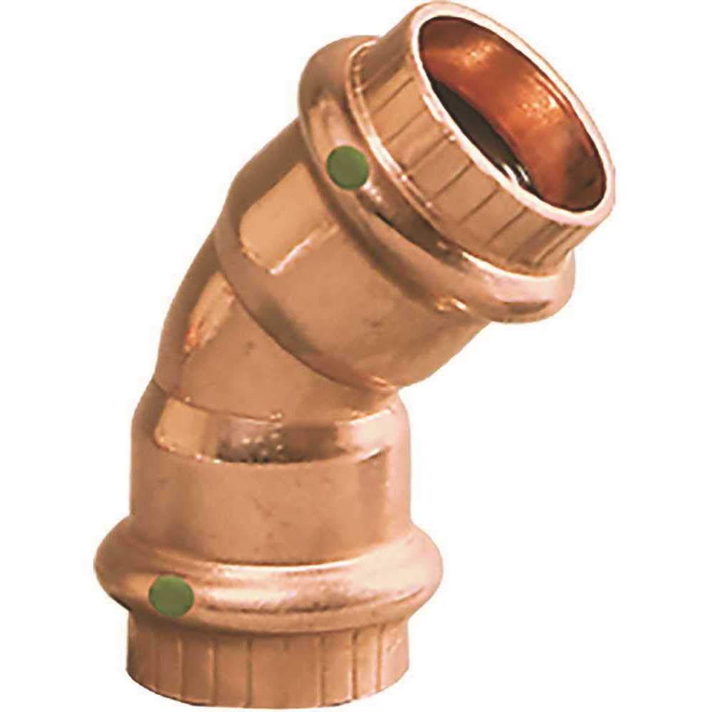 Copper press 45-degree elbow fitting with green indicator dots on connection points.