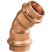 Copper press 45-degree elbow fitting with green indicator dots on connection points.