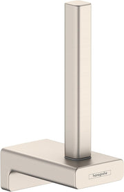 Tall brushed nickel toilet paper holder with square vertical post mounted on rectangular base with Hansgrohe branding.