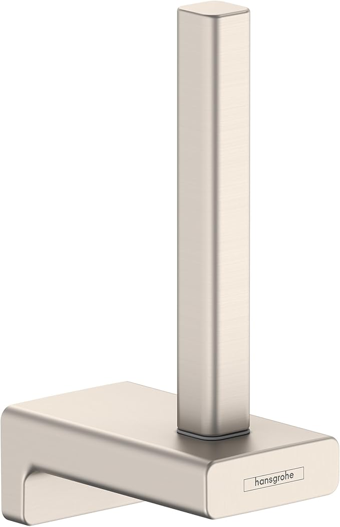 Tall brushed nickel toilet paper holder with square vertical post mounted on rectangular base with Hansgrohe branding.
