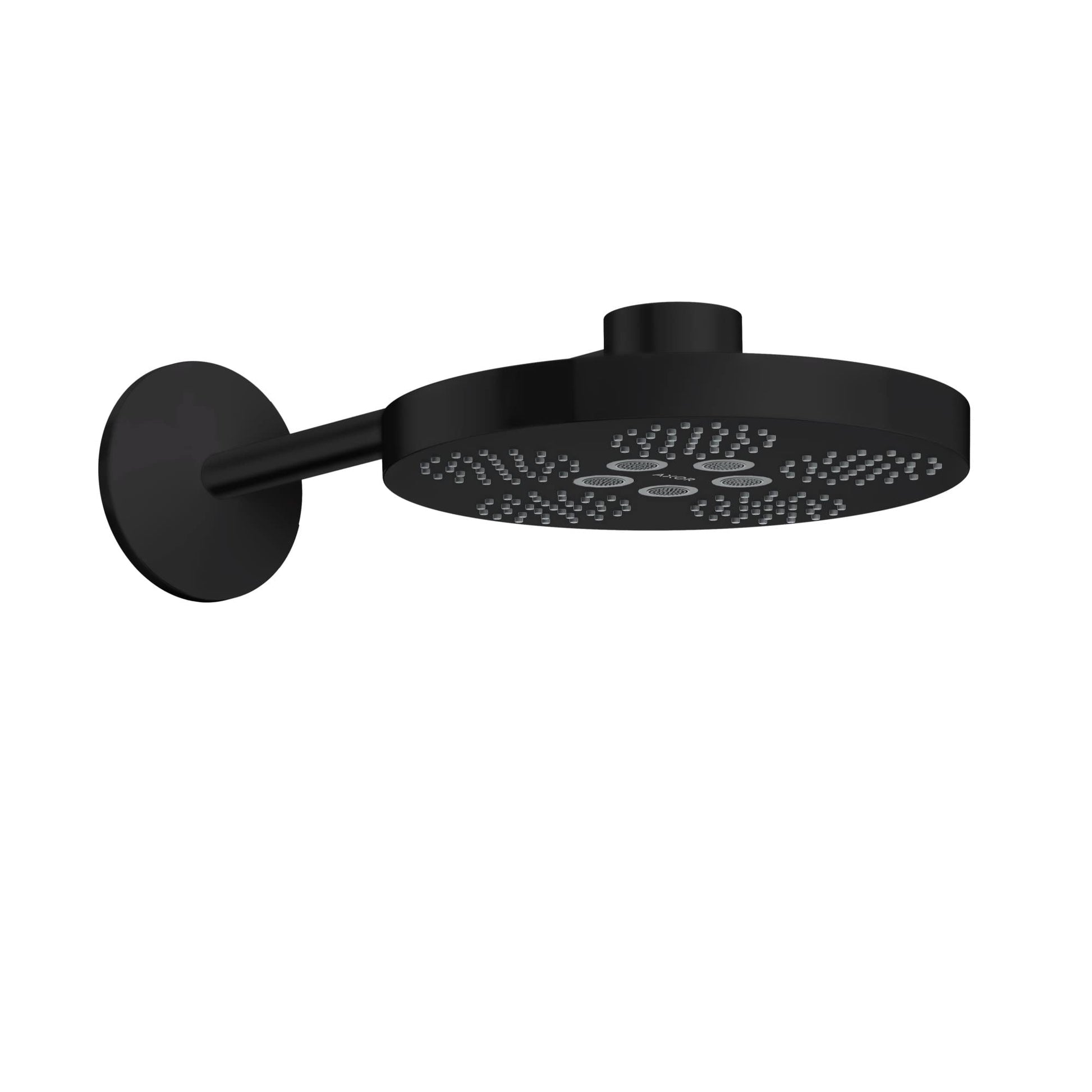 Matte black round shower head with perforated spray pattern and wall-mounted arm in horizontal position.