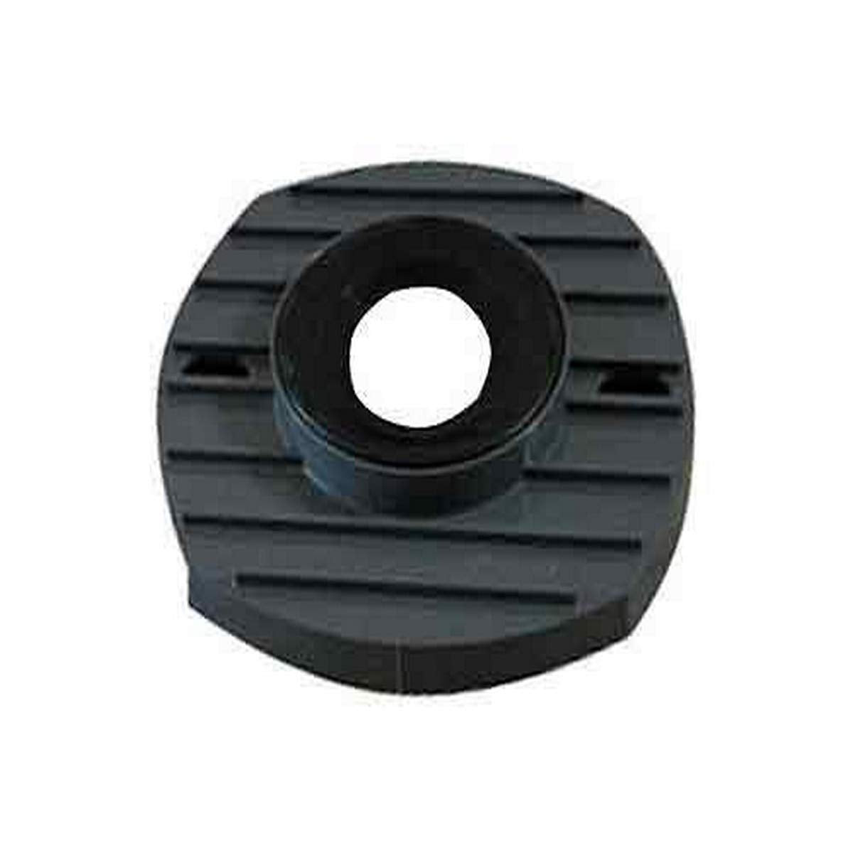 Black plastic rough-in assembly component with central circular opening and horizontal ribbed surface detail.