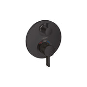 Matte black round thermostatic shower trim with upper volume control knob and lower temperature dial marked to 100°.