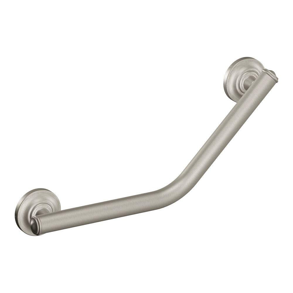Brushed nickel angled grab bar with circular wall mounts at each end, angled upward from left to right.