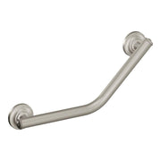 Brushed nickel angled grab bar with circular wall mounts at each end, angled upward from left to right.