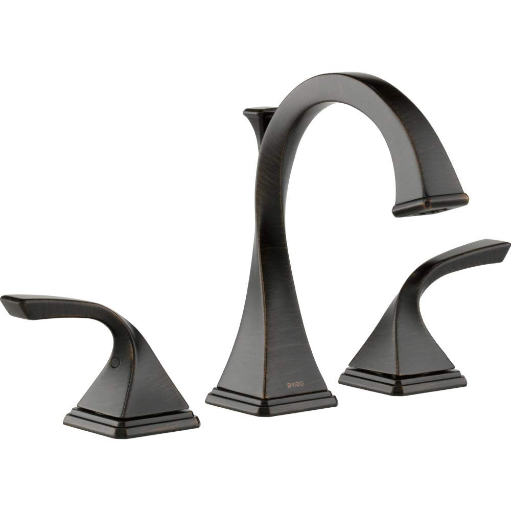 Brizo Virage three-piece widespread lavatory faucet in oil-rubbed bronze with curved spout and lever handles.