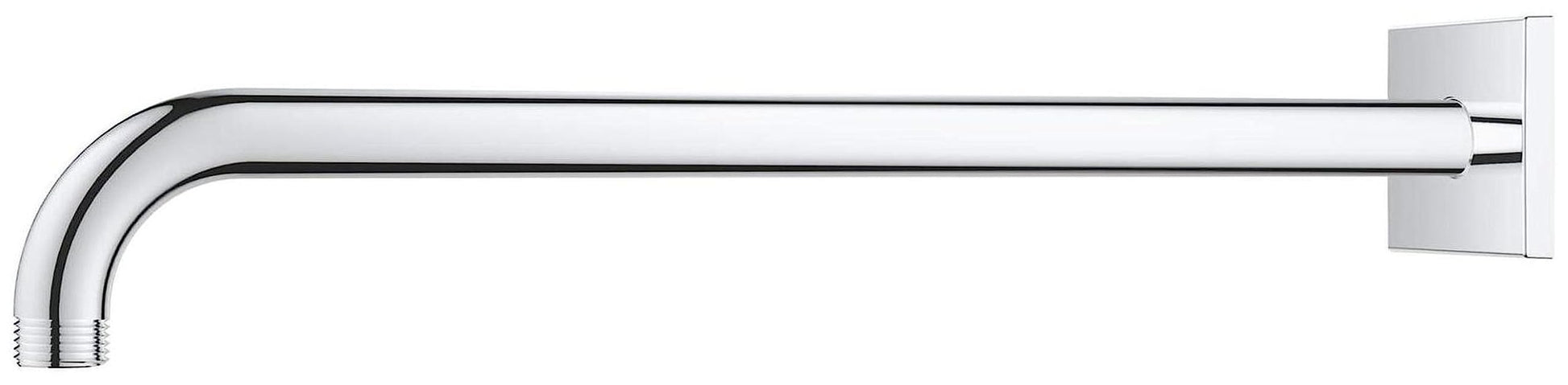 Chrome curved shower arm extending horizontally from square wall mount, approximately 15 inches long.