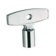 Chrome socket spanner wrench with flat rectangular head and round central hole for plumbing repairs.