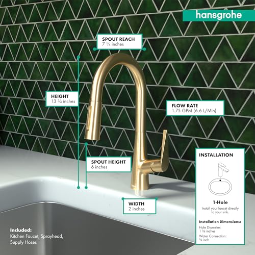 Brushed gold kitchen faucet with curved pull-down spout displayed with specification labels showing height, spout reach, and 