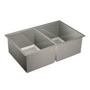 Satin stainless steel double bowl undermount kitchen sink with two equal rectangular basins and divider.