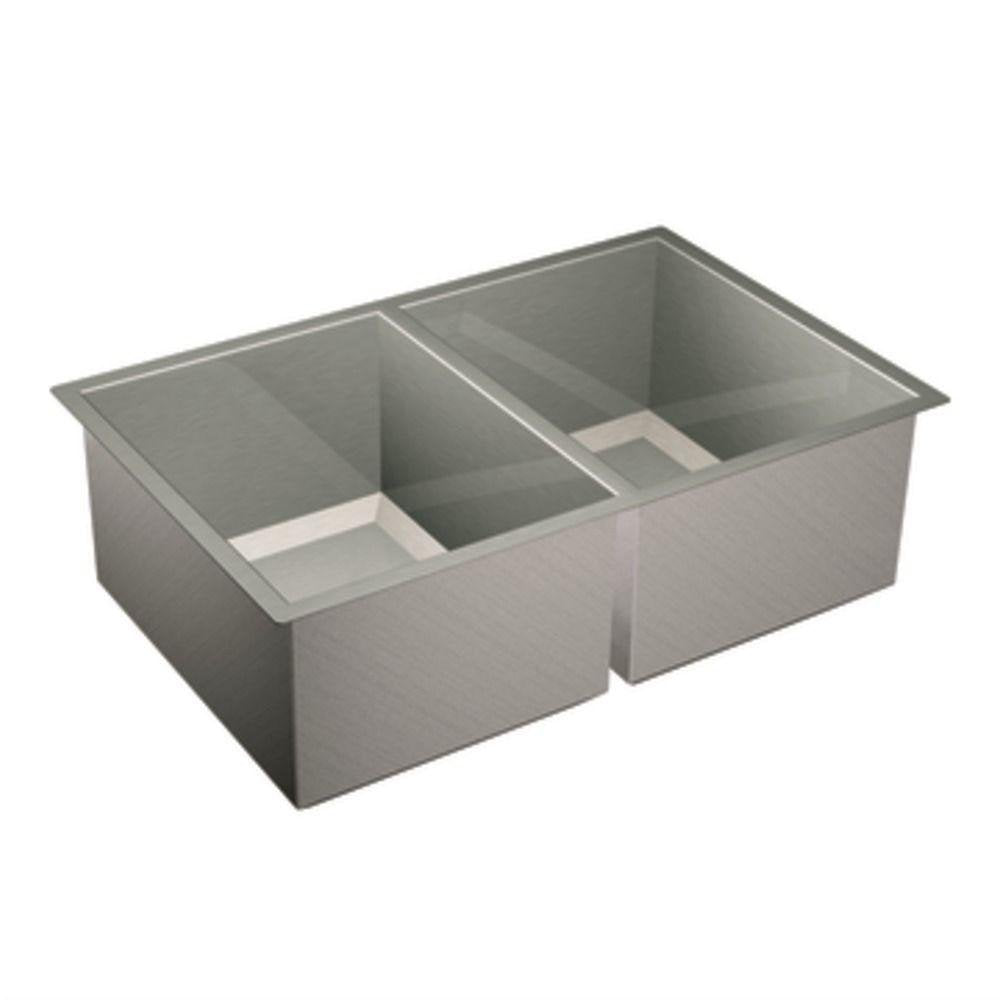 Satin stainless steel double bowl undermount kitchen sink with two equal rectangular basins and divider.
