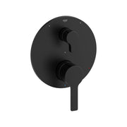 Matte black round shower valve trim with upper control lever and lower diverter lever, featuring Grohe branding.