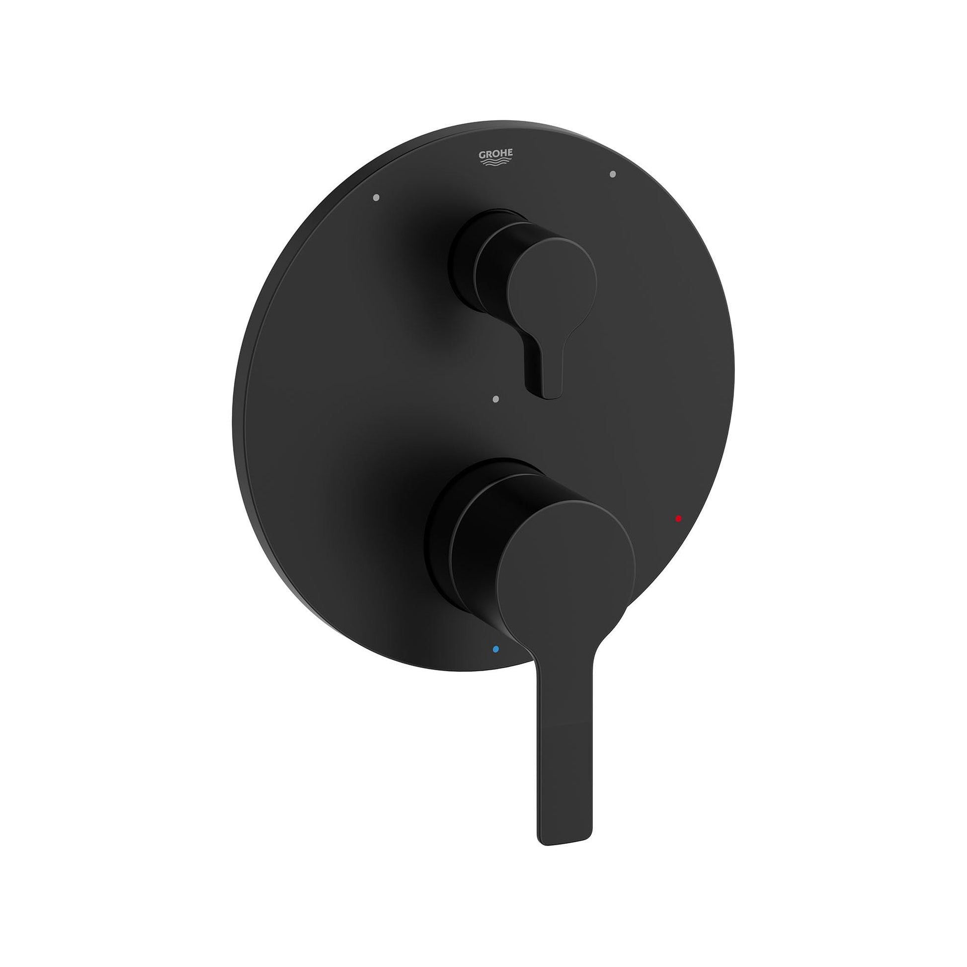 Matte black round shower valve trim with upper control lever and lower diverter lever, featuring Grohe branding.