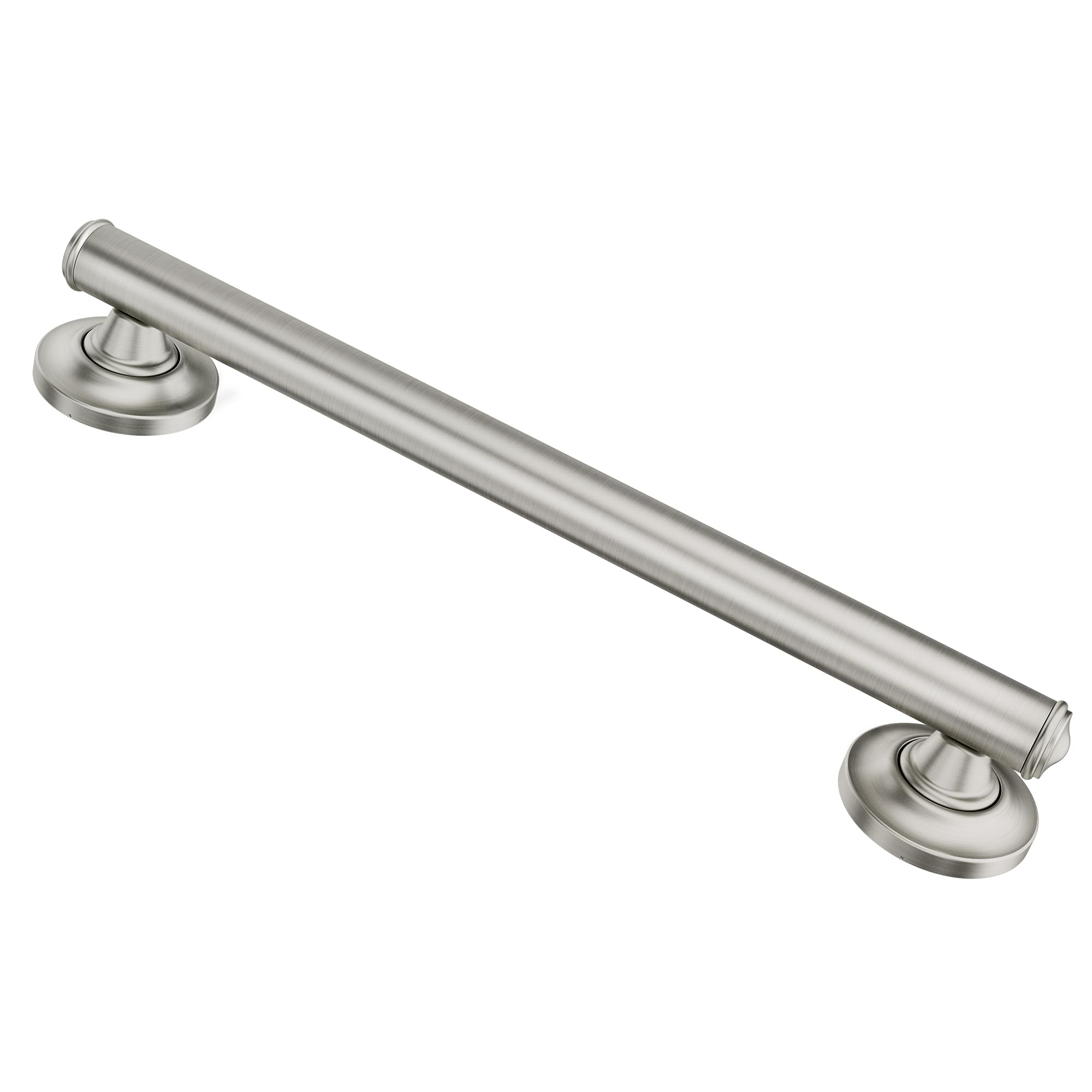 Brushed nickel 24-inch straight grab bar with round mounting flanges on each end.
