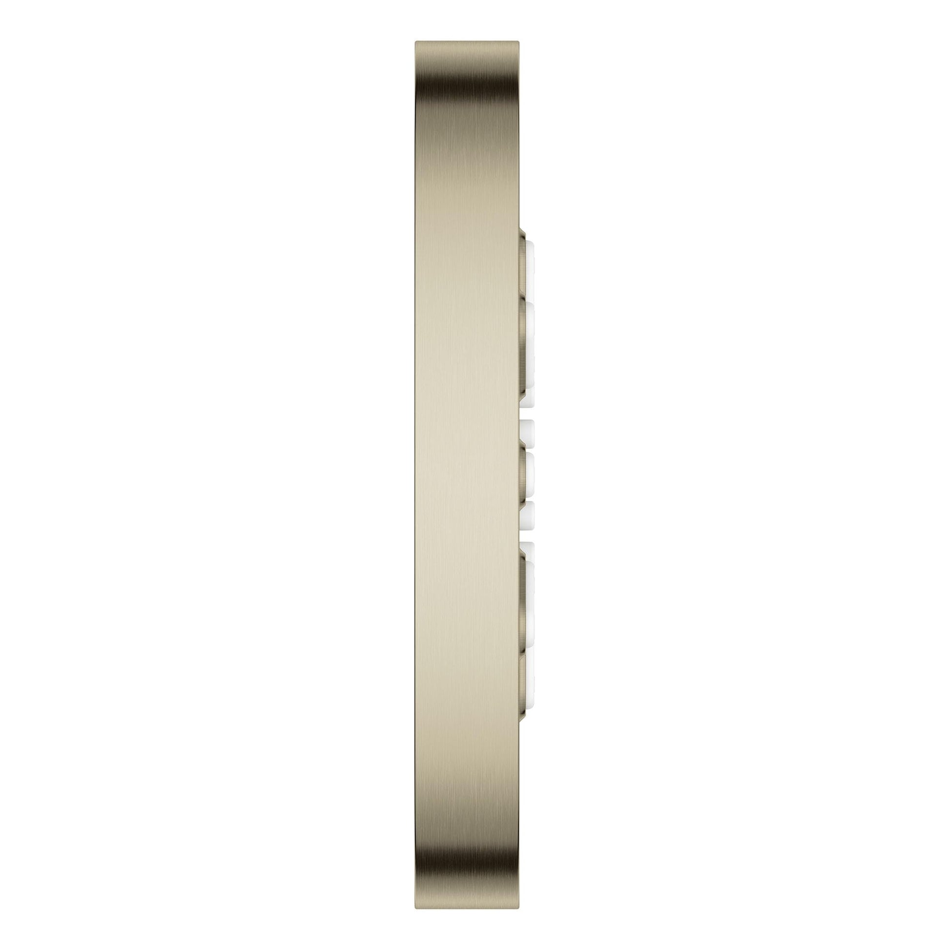 Vertical rectangular brushed nickel body spray with two round spray outlets aligned on the right edge.