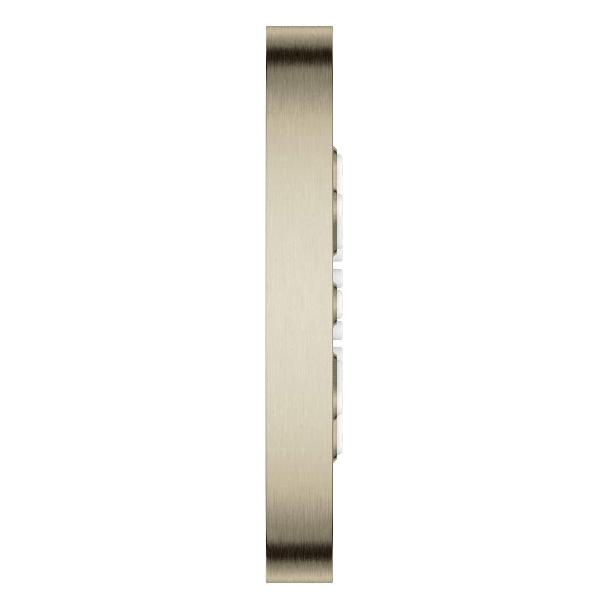 Vertical rectangular brushed nickel body spray with two round spray outlets aligned on the right edge.