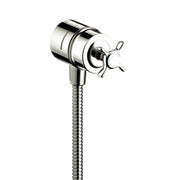 Polished nickel wall outlet with cross handle and flexible hose connection.