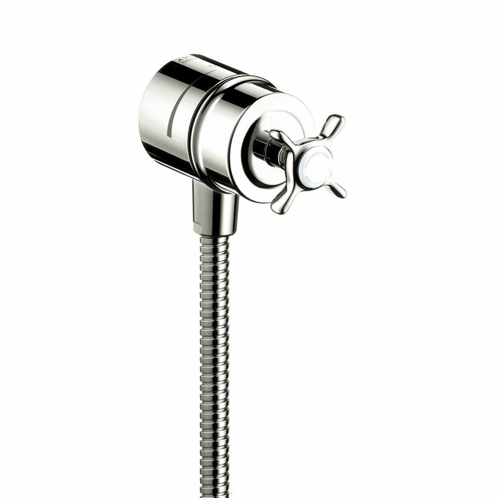 Polished nickel wall outlet with cross handle and flexible hose connection.