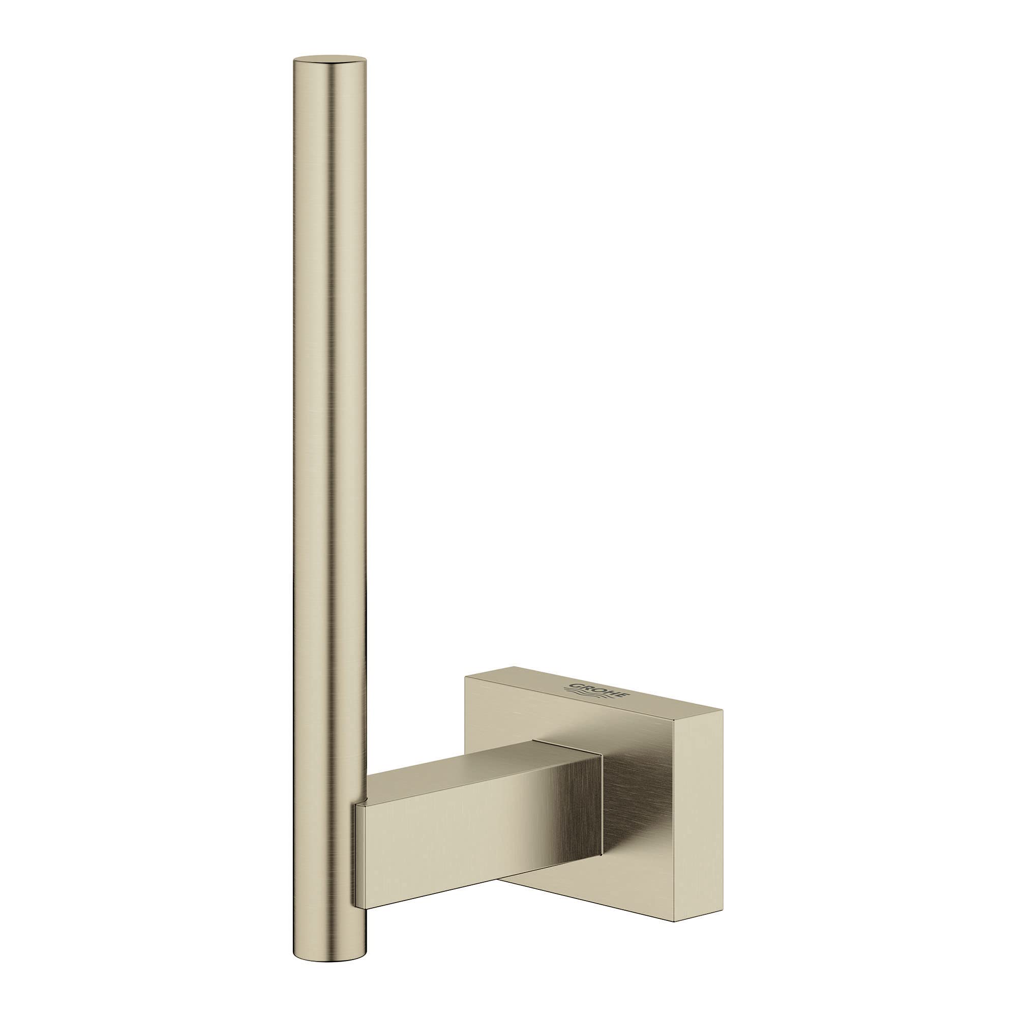 Brushed nickel spare toilet paper holder with cylindrical vertical post and square wall-mounted base.