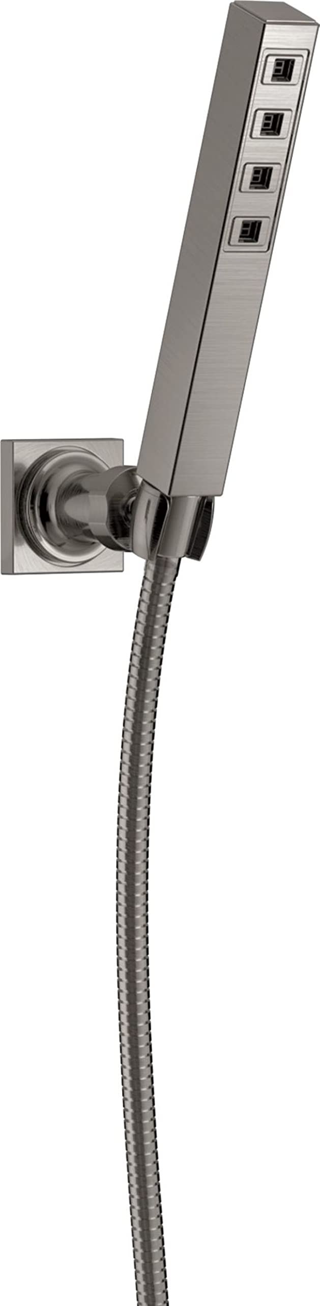 Chrome square wall-mount hand shower with adjustable holder and flexible hose with control buttons.