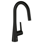 Matte black single-handle pull-down kitchen faucet with curved spout and side control lever.