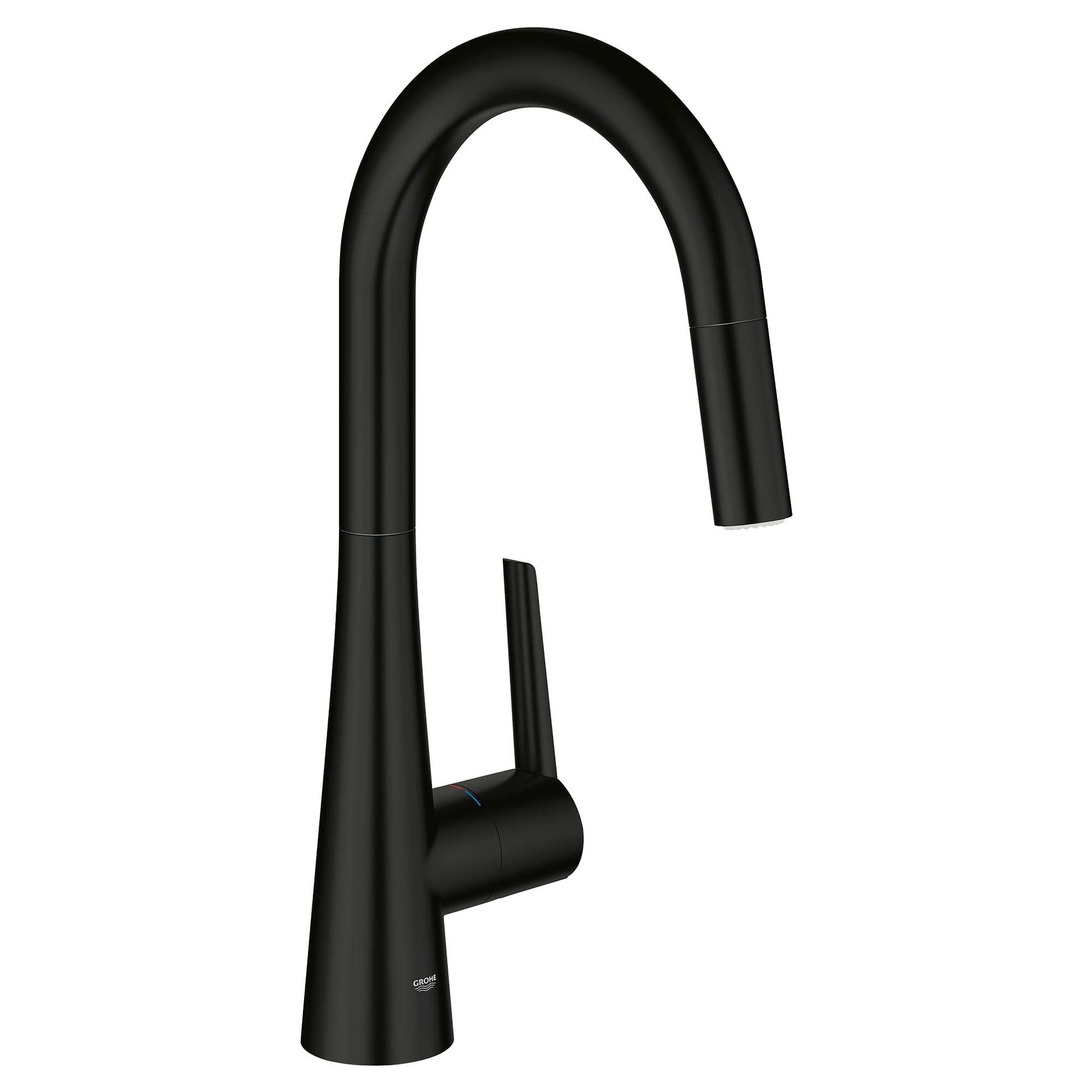 Matte black single-handle pull-down kitchen faucet with curved spout and side control lever.