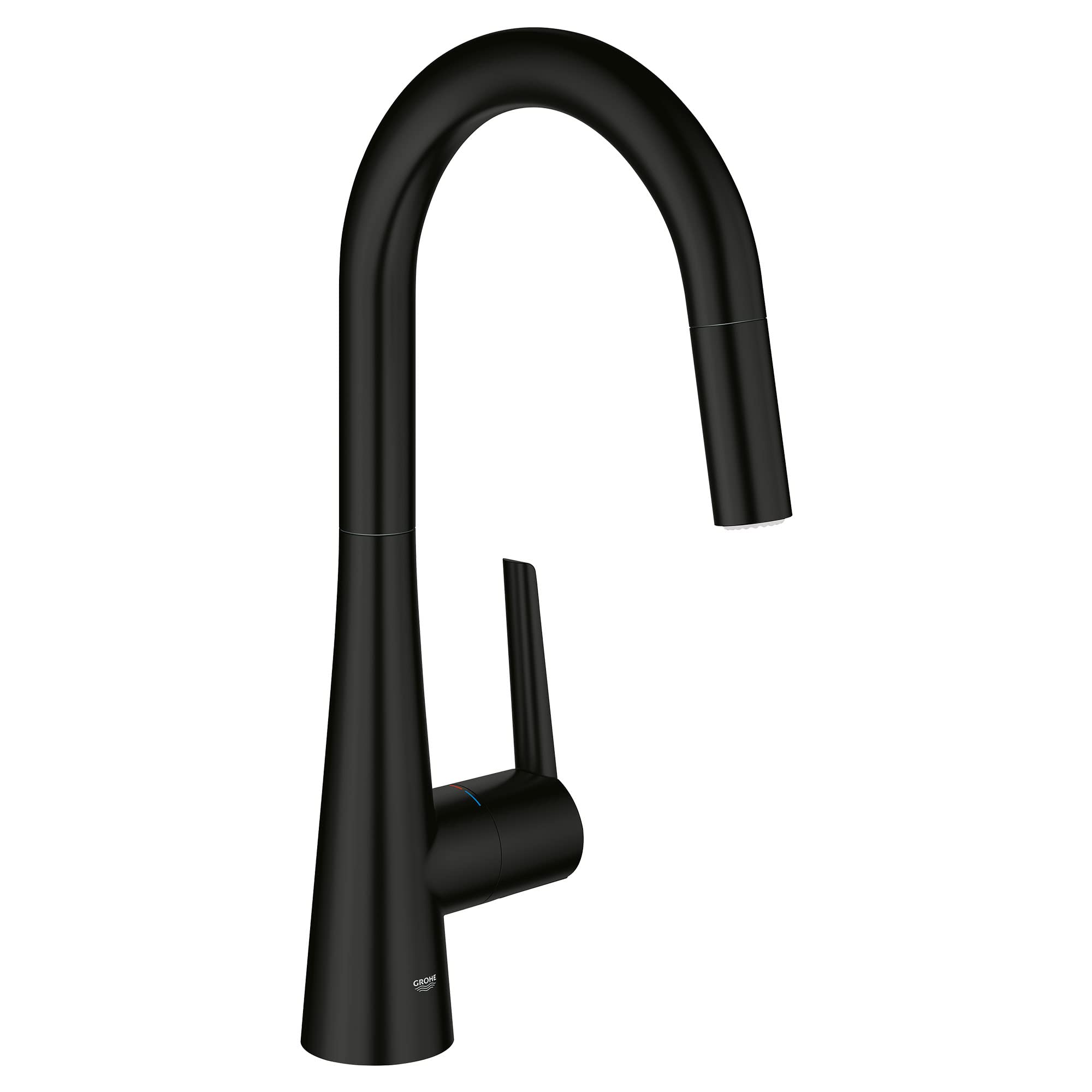Matte black single-handle pull-down kitchen faucet with curved spout and side control lever.