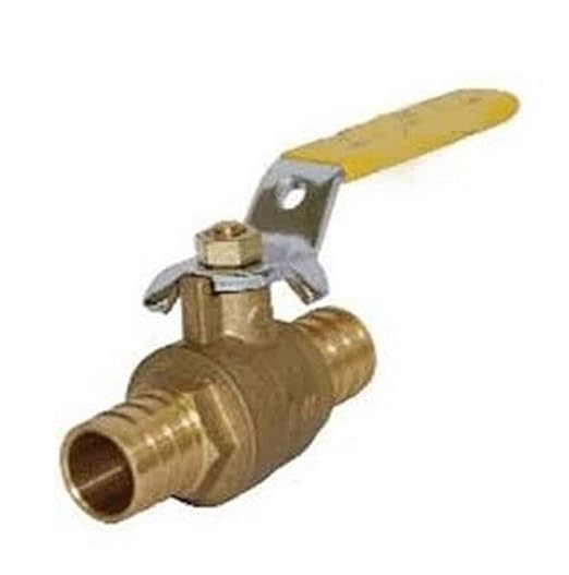 Brass ball valve with yellow handle and two PEX connection ports.