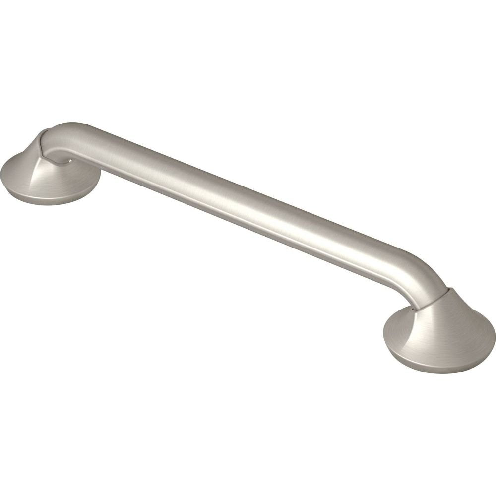 Brushed nickel stainless steel grab bar with curved handles at each end for bathroom safety.