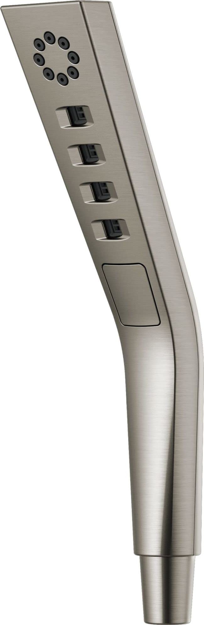 Brushed nickel square hand shower with seven spray holes and four control buttons on elongated handle.