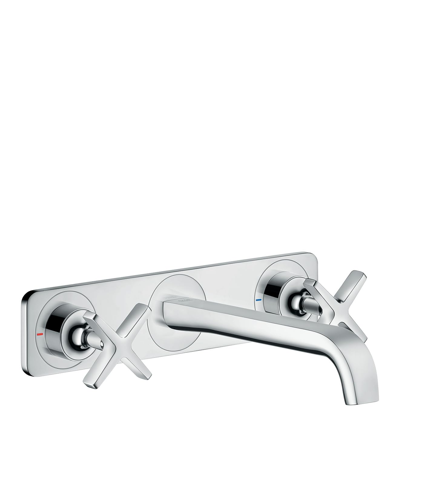 Chrome wall-mounted faucet trim with two lever handles, curved spout, and rectangular base plate.