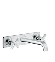 Chrome wall-mounted faucet trim with two lever handles, curved spout, and rectangular base plate.