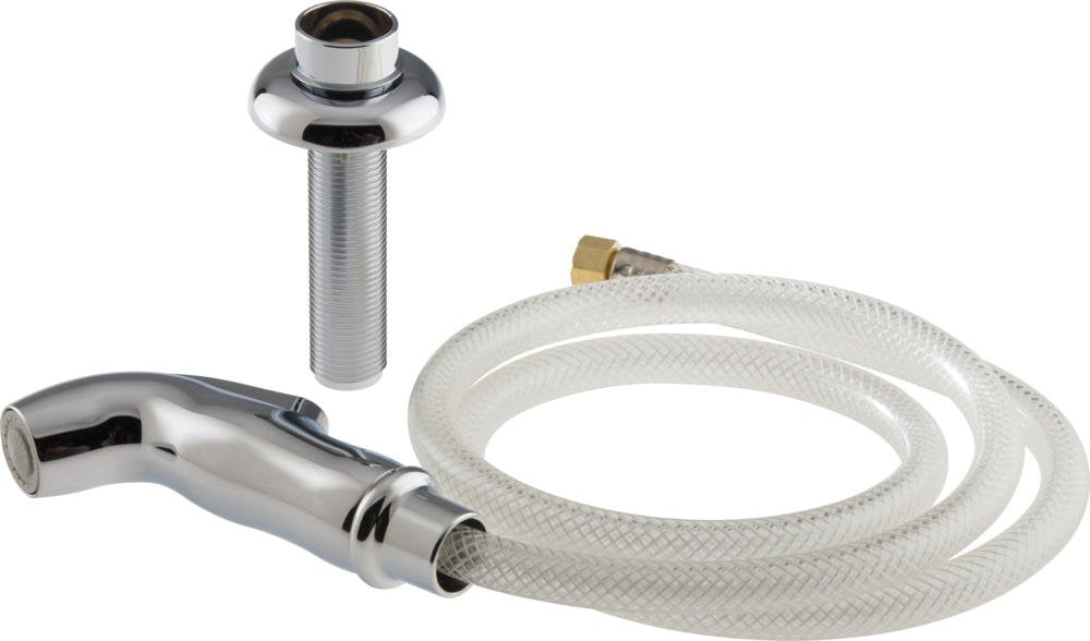 Chrome side spray with curved handle, vertical mounting bracket, and white braided hose with brass connector.