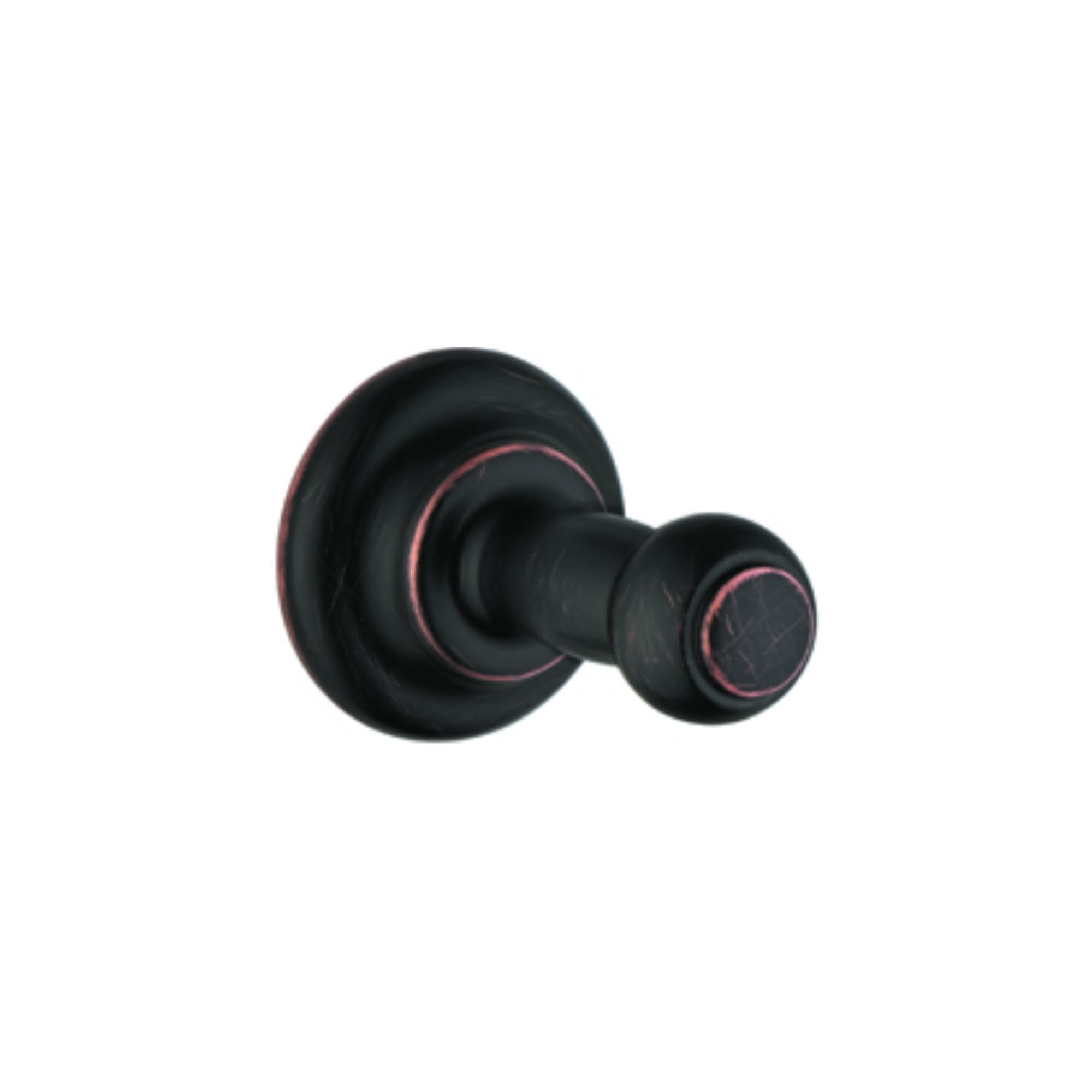 Rubbed bronze wall-mounted hook with circular backing plate and cylindrical hook arm.