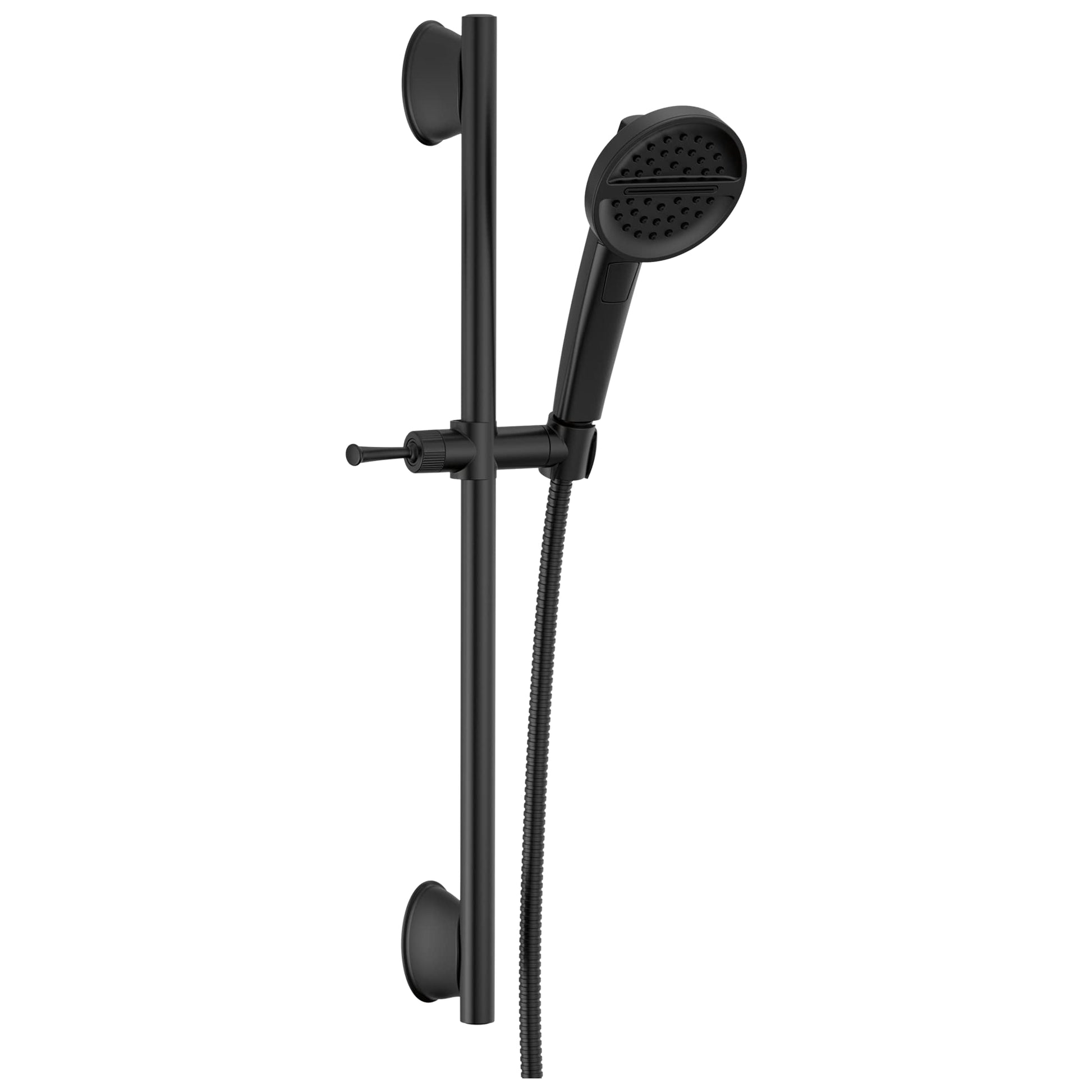 Matte black slide bar shower system with round handshower head, perforated spray pattern, and adjustable mounting brackets.