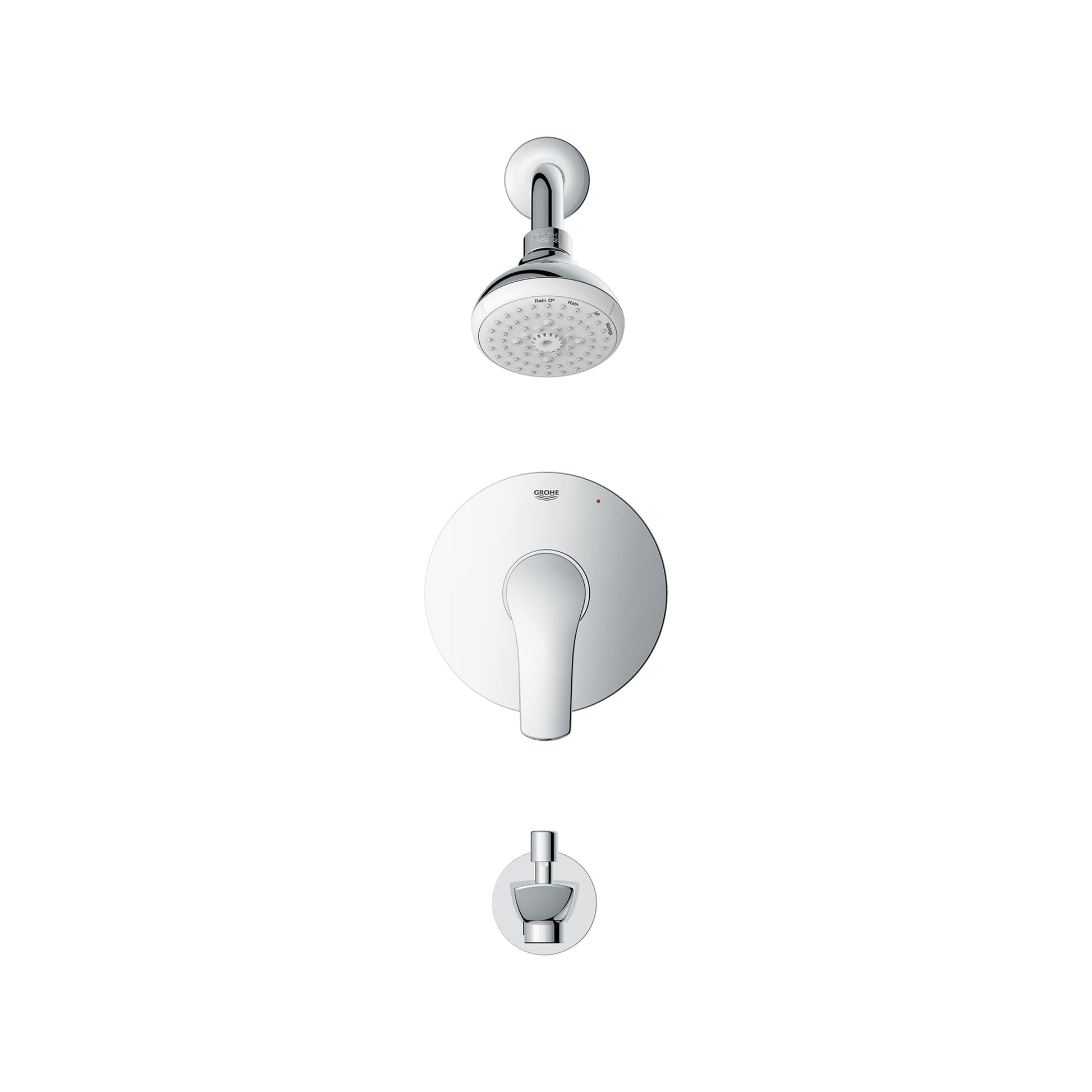 Chrome pressure balance valve with round shower head, control lever, and tub spout.